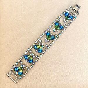 Vintage 1960’s Blue Green Rhinestone Art Glass Bracelet